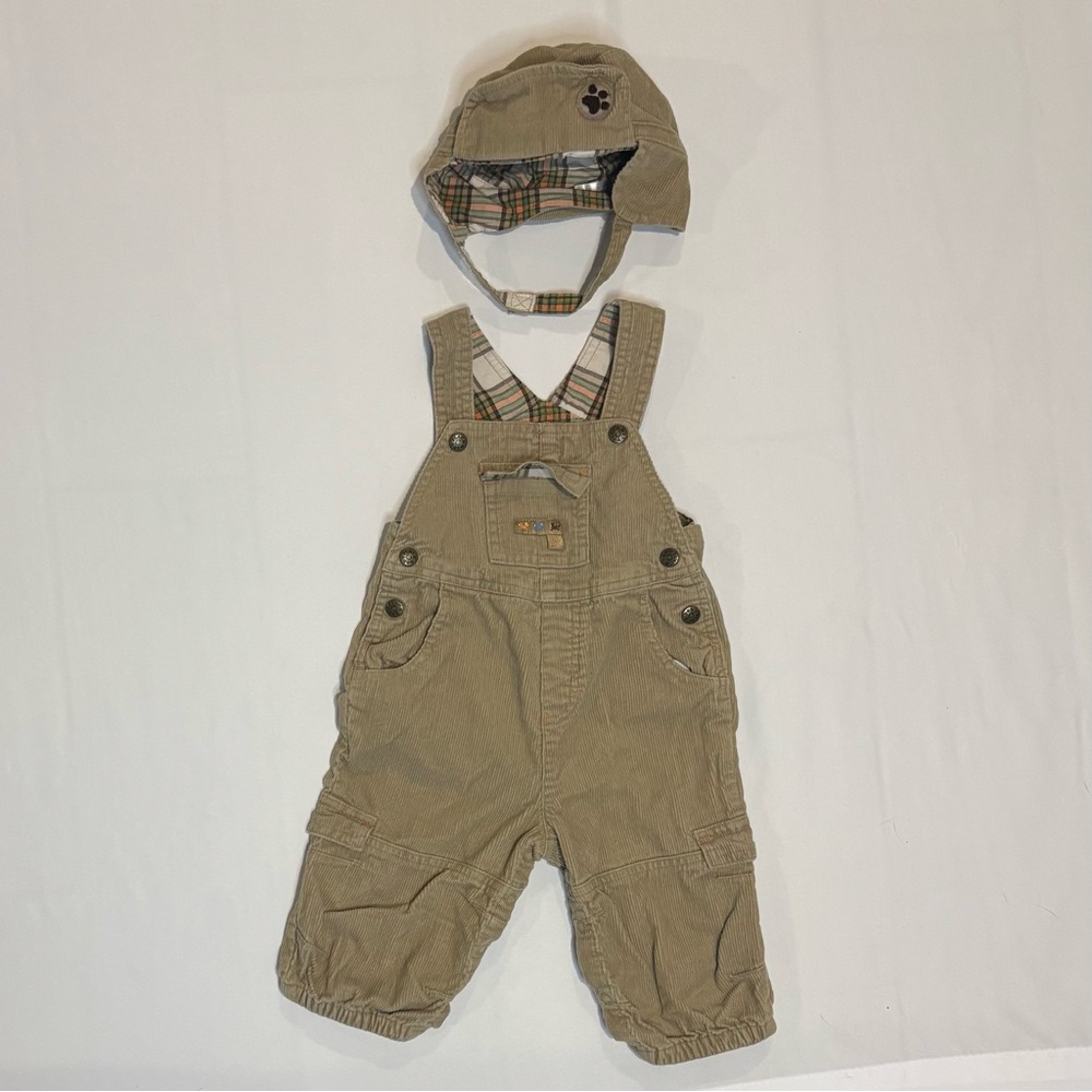 The Children’s Place Corduroy Overalls & Hat Set | 12 Months | Tan Plaid Lined
